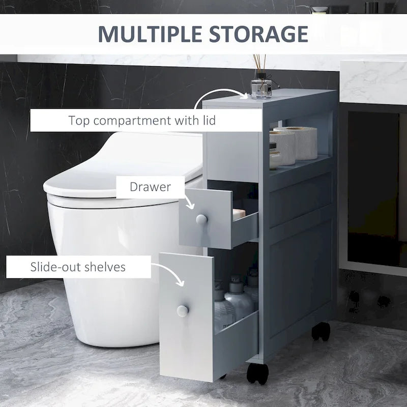 HOMCOM Organisateur de sol gris pour salle de bain, meuble de rangement étroit et peu encombrant, porte-papier toilette avec tiroirs