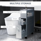 HOMCOM Organisateur de sol gris pour salle de bain, meuble de rangement étroit et peu encombrant, porte-papier toilette avec tiroirs