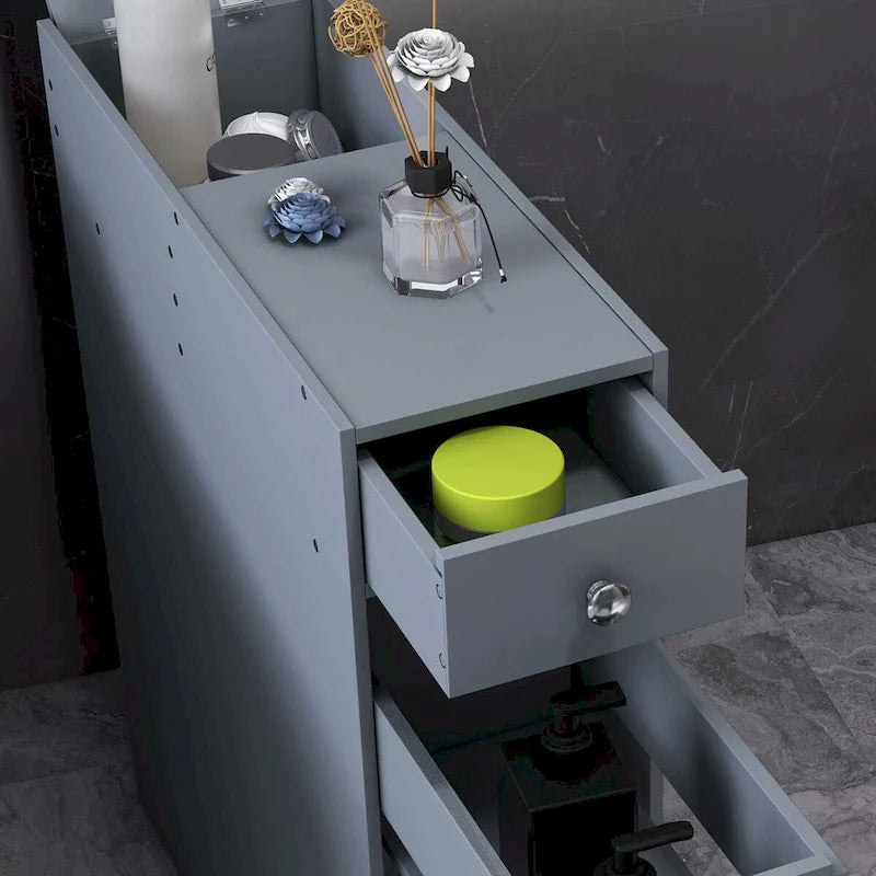 HOMCOM Organisateur de sol gris pour salle de bain, meuble de rangement étroit et peu encombrant, porte-papier toilette avec tiroirs