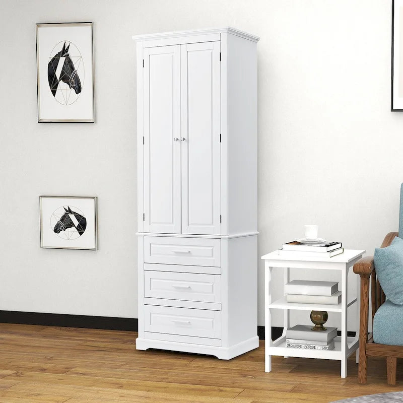 Armoire de rangement haute minimaliste standard autoportante pour salle de bain, avec un placard et 3 tiroirs