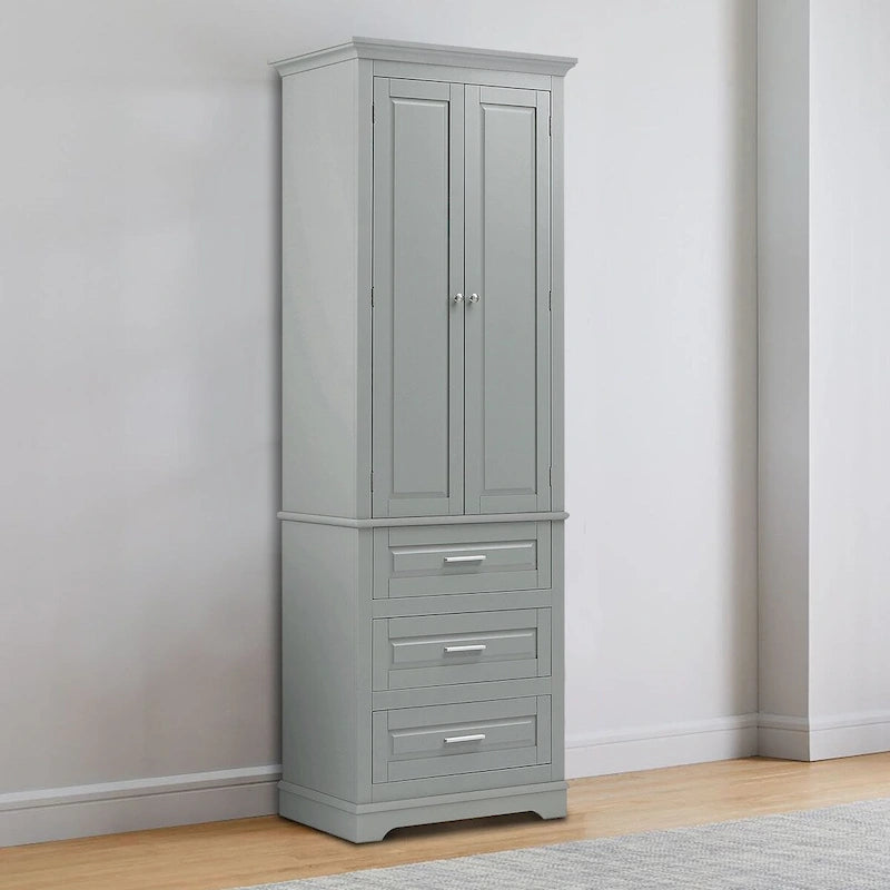 Armoire de rangement haute minimaliste standard autoportante pour salle de bain, avec un placard et 3 tiroirs