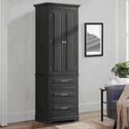 Armoire de rangement haute minimaliste standard autoportante pour salle de bain, avec un placard et 3 tiroirs