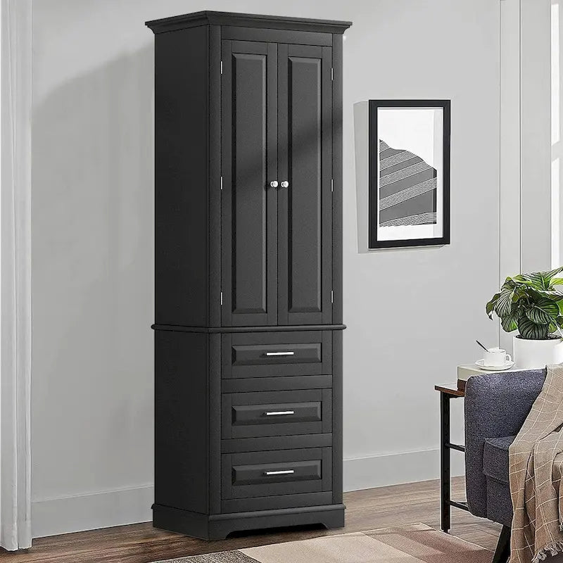 Armoire de rangement haute minimaliste standard autoportante pour salle de bain, avec un placard et 3 tiroirs