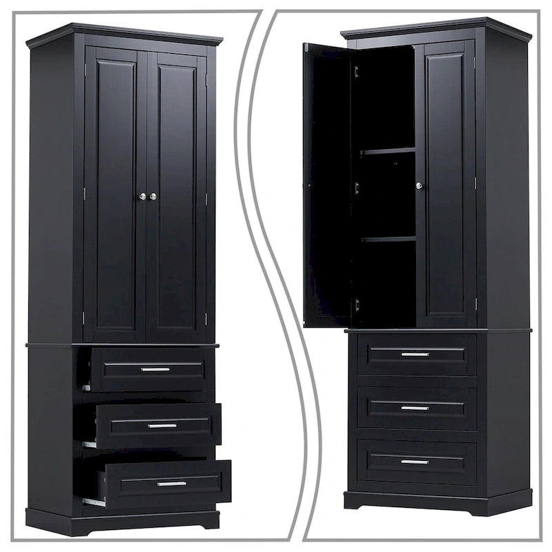 Armoire de rangement haute minimaliste standard autoportante pour salle de bain, avec un placard et 3 tiroirs
