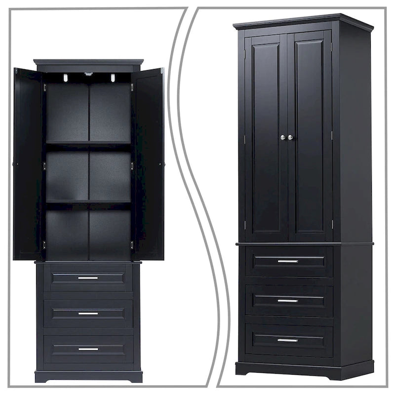 Armoire de rangement haute minimaliste standard autoportante pour salle de bain, avec un placard et 3 tiroirs