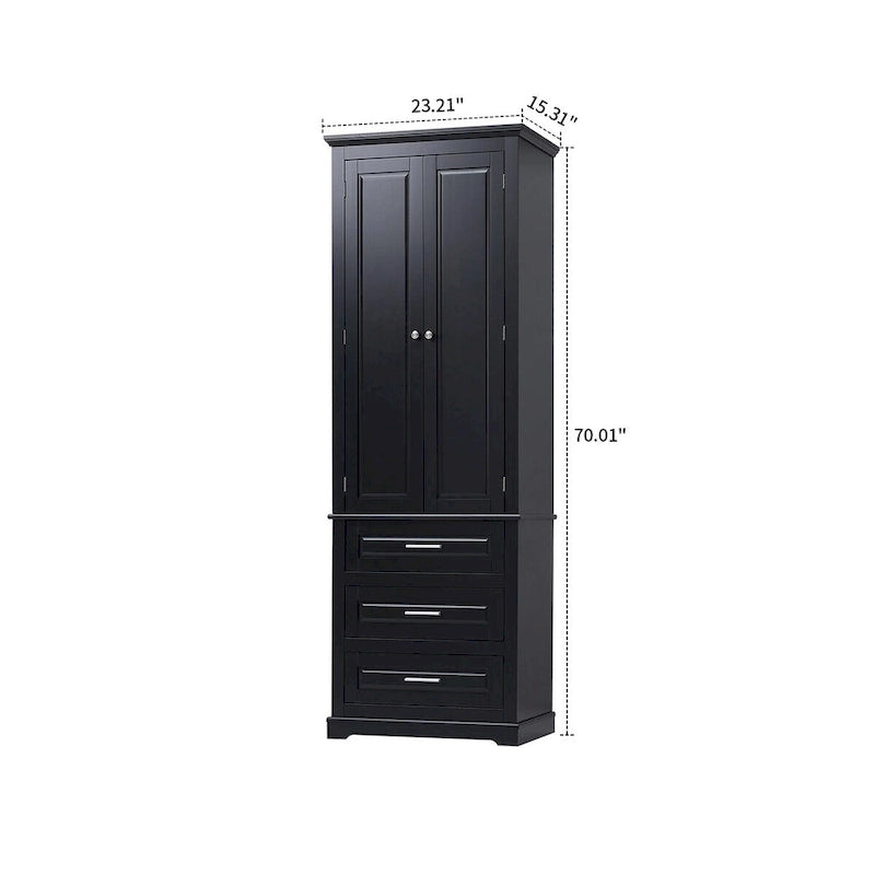 Armoire de rangement haute minimaliste standard autoportante pour salle de bain, avec un placard et 3 tiroirs