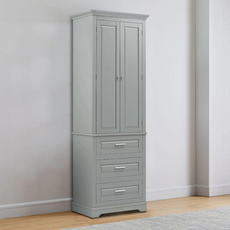 Armoire de rangement haute minimaliste standard autoportante pour salle de bain, avec un placard et 3 tiroirs