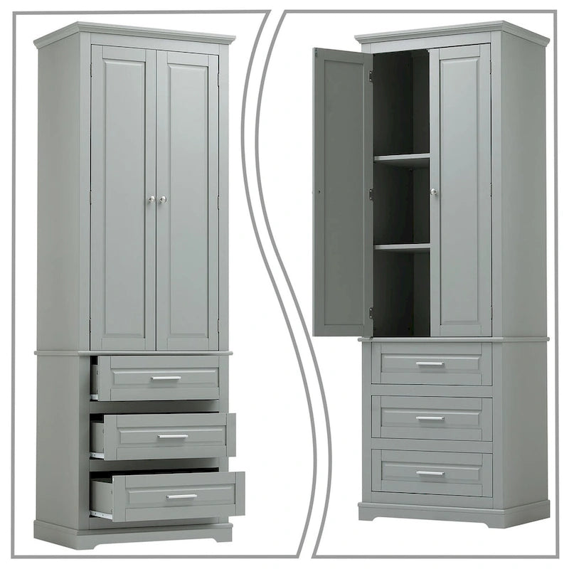 Armoire de rangement haute minimaliste standard autoportante pour salle de bain, avec un placard et 3 tiroirs