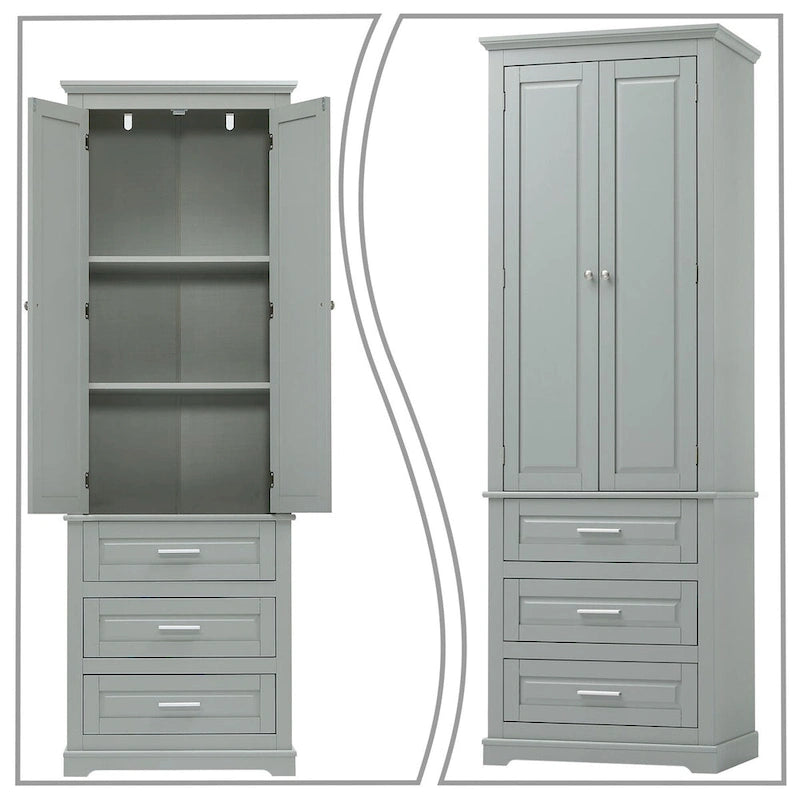 Armoire de rangement haute minimaliste standard autoportante pour salle de bain, avec un placard et 3 tiroirs