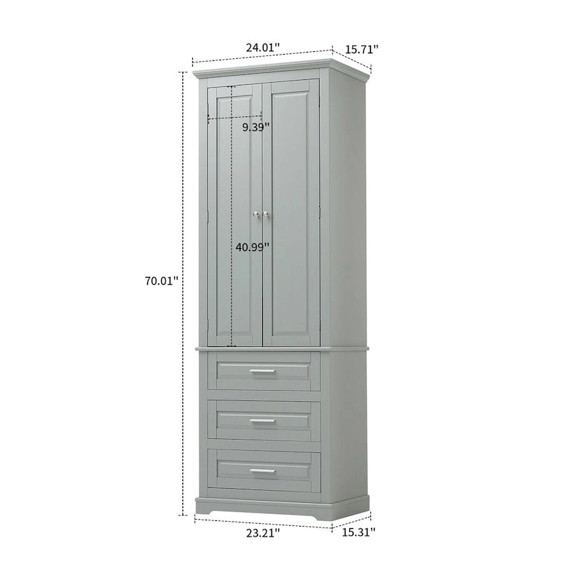 Armoire de rangement haute minimaliste standard autoportante pour salle de bain, avec un placard et 3 tiroirs