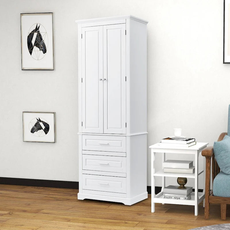 Armoire de rangement haute minimaliste standard autoportante pour salle de bain, avec un placard et 3 tiroirs