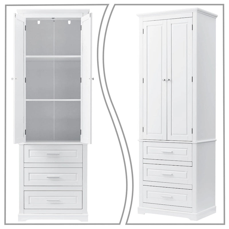 Armoire de rangement haute minimaliste standard autoportante pour salle de bain, avec un placard et 3 tiroirs