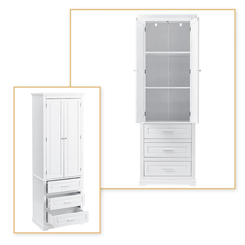 Armoire de rangement haute minimaliste standard autoportante pour salle de bain, avec un placard et 3 tiroirs