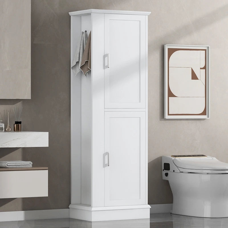 Armoire de rangement haute pour salle de bain avec crochet et étagère réglable