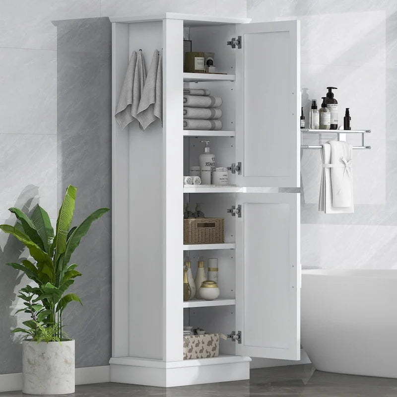 Armoire de rangement haute pour salle de bain avec crochet et étagère réglable