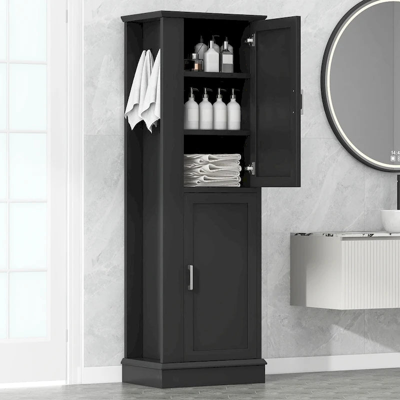 Armoire de rangement haute pour salle de bain avec crochet et étagère réglable