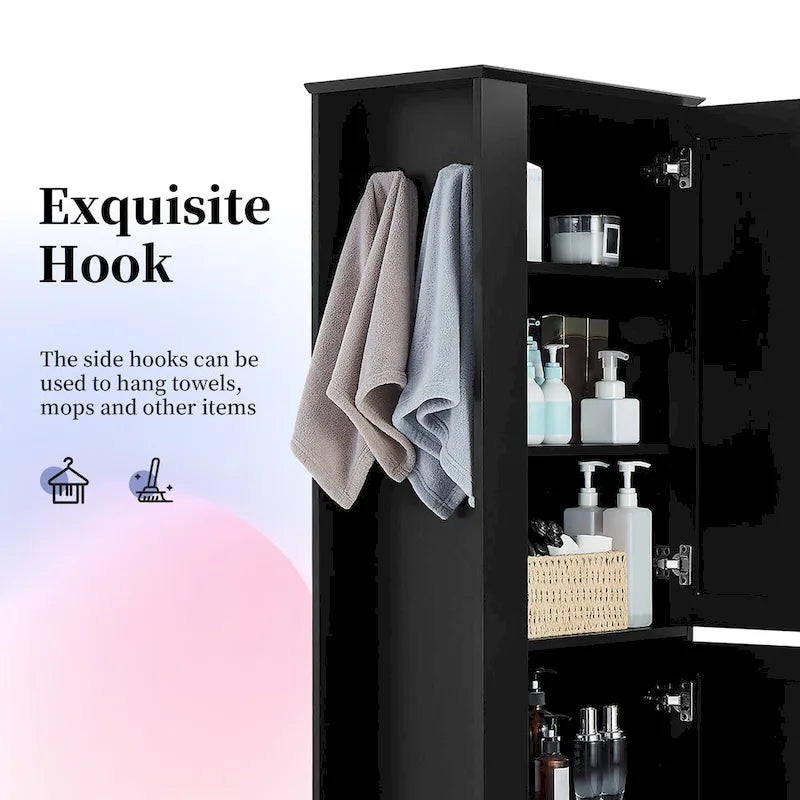 Armoire de rangement haute pour salle de bain avec crochet et étagère réglable