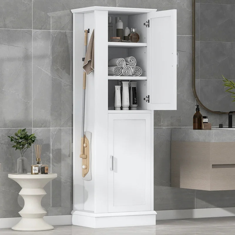 Armoire de rangement haute pour salle de bain avec crochet et étagère réglable