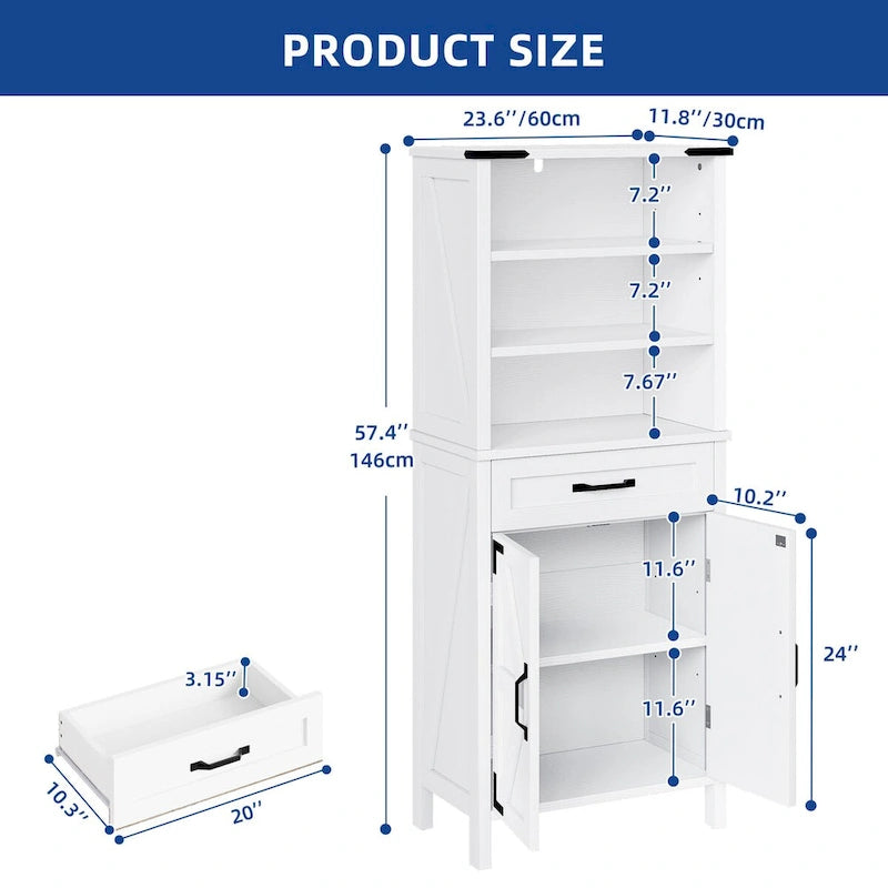 Armoire de rangement Moasis 58 pouces de haut pour salle de bain, avec portes et étagères