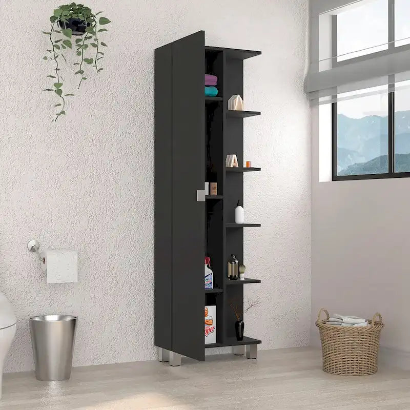 Armoire à linge Urano avec miroir, quatre étagères intérieures, cinq étagères extérieures - Noir