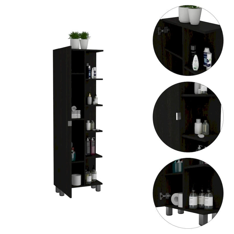 Armoire à linge Urano avec miroir, quatre étagères intérieures, cinq étagères extérieures - Noir
