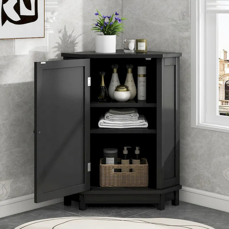 Meuble de salle de bain d'angle triangulaire noir avec étagère réglable, style moderne, en MDF.