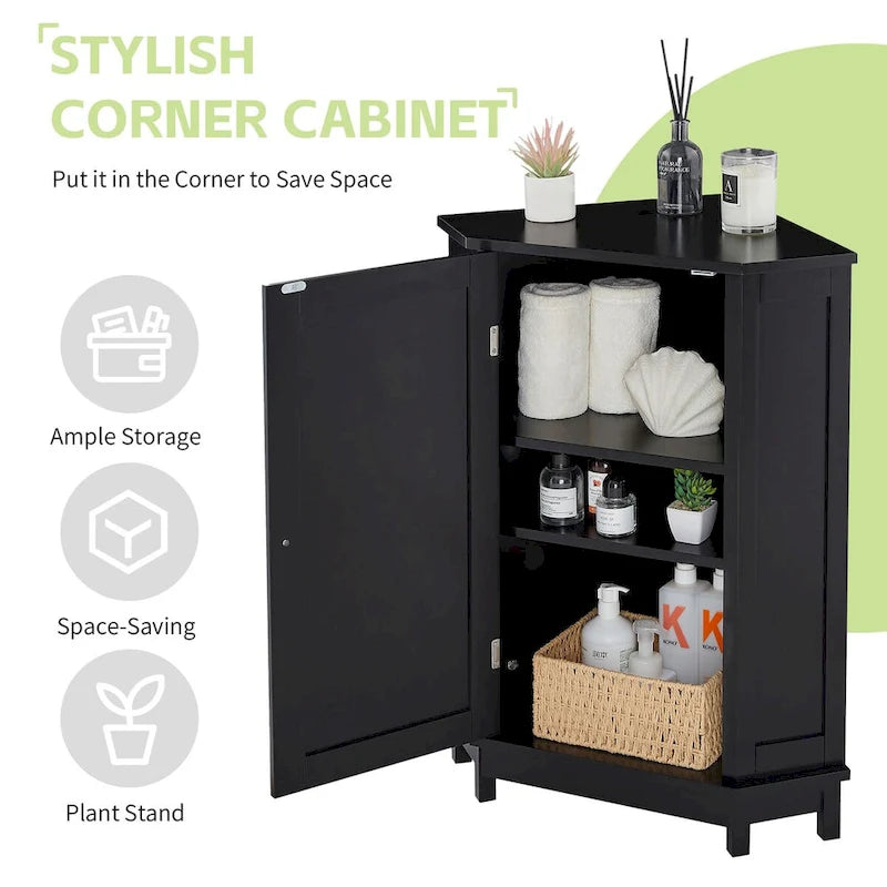 Meuble de salle de bain d'angle triangulaire noir avec étagère réglable, style moderne, en MDF.
