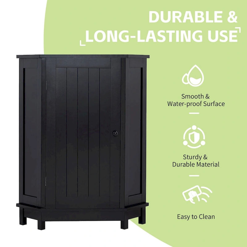 Meuble de salle de bain d'angle triangulaire noir avec étagère réglable, style moderne, en MDF.