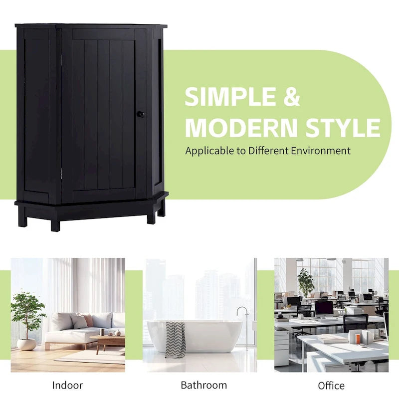 Meuble de salle de bain d'angle triangulaire noir avec étagère réglable, style moderne, en MDF.