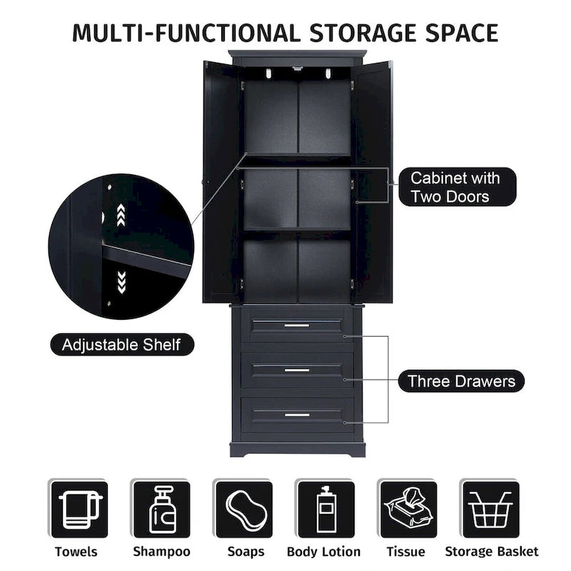 Armoire de rangement de 70 cm de haut avec portes et trois tiroirs pour salle de bain/bureau