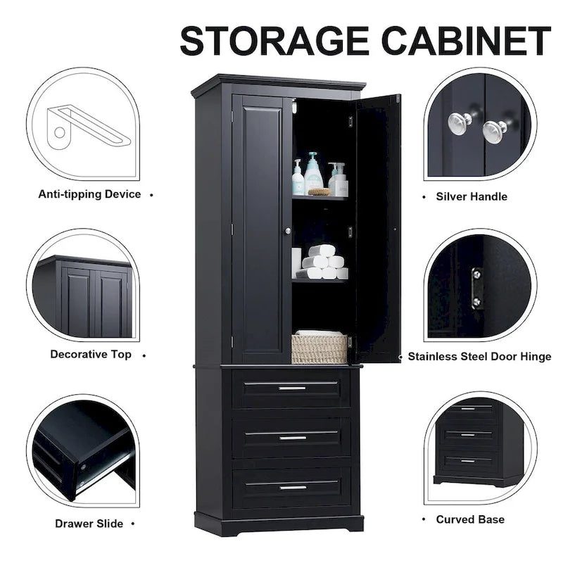 Armoire de rangement de 70 cm de haut avec portes et trois tiroirs pour salle de bain/bureau