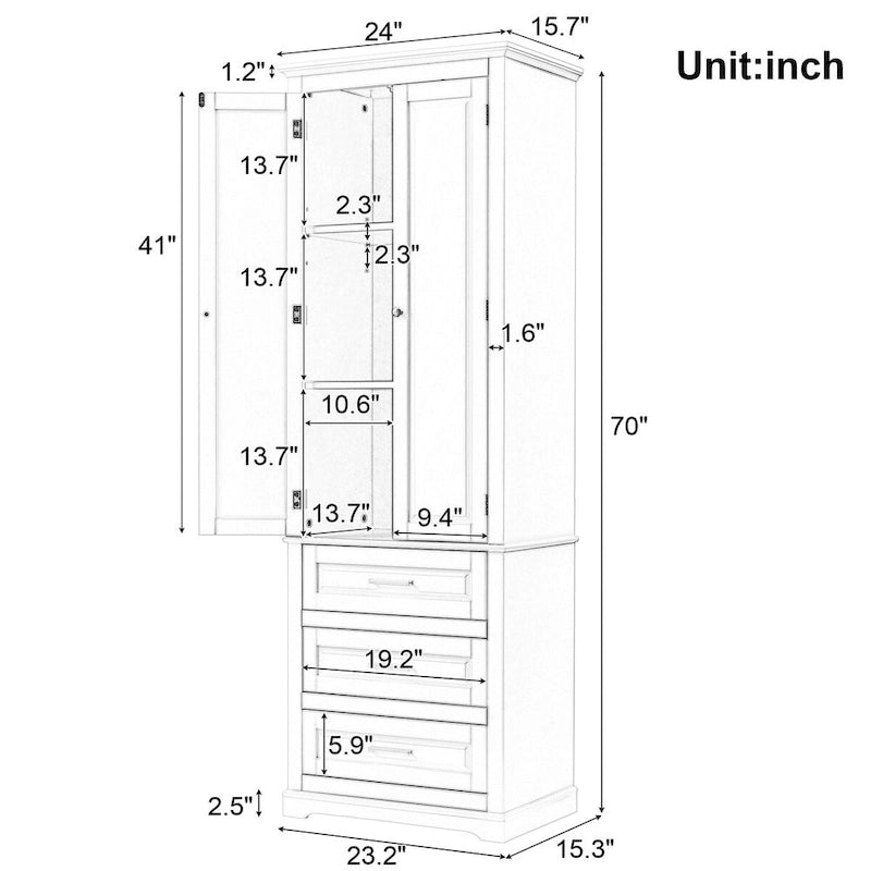 Armoire de rangement de 70 cm de haut avec portes et trois tiroirs pour salle de bain/bureau