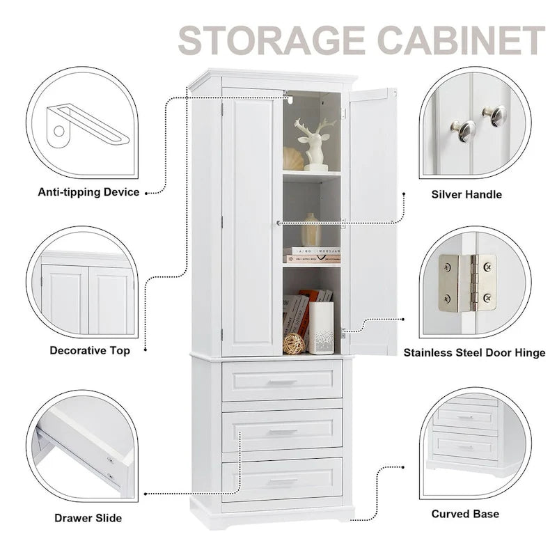 Armoire de rangement de 70 cm de haut avec portes et trois tiroirs pour salle de bain/bureau