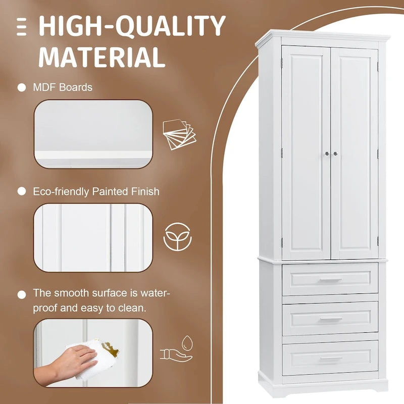 Armoire de rangement de 70 cm de haut avec portes et trois tiroirs pour salle de bain/bureau