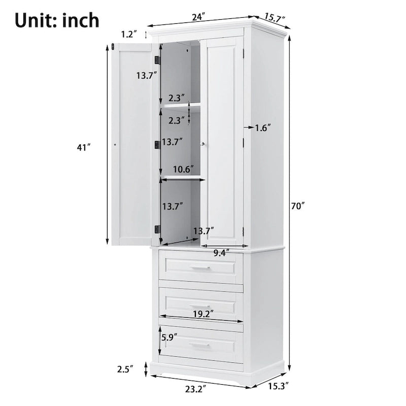 Armoire de rangement de 70 cm de haut avec portes et trois tiroirs pour salle de bain/bureau