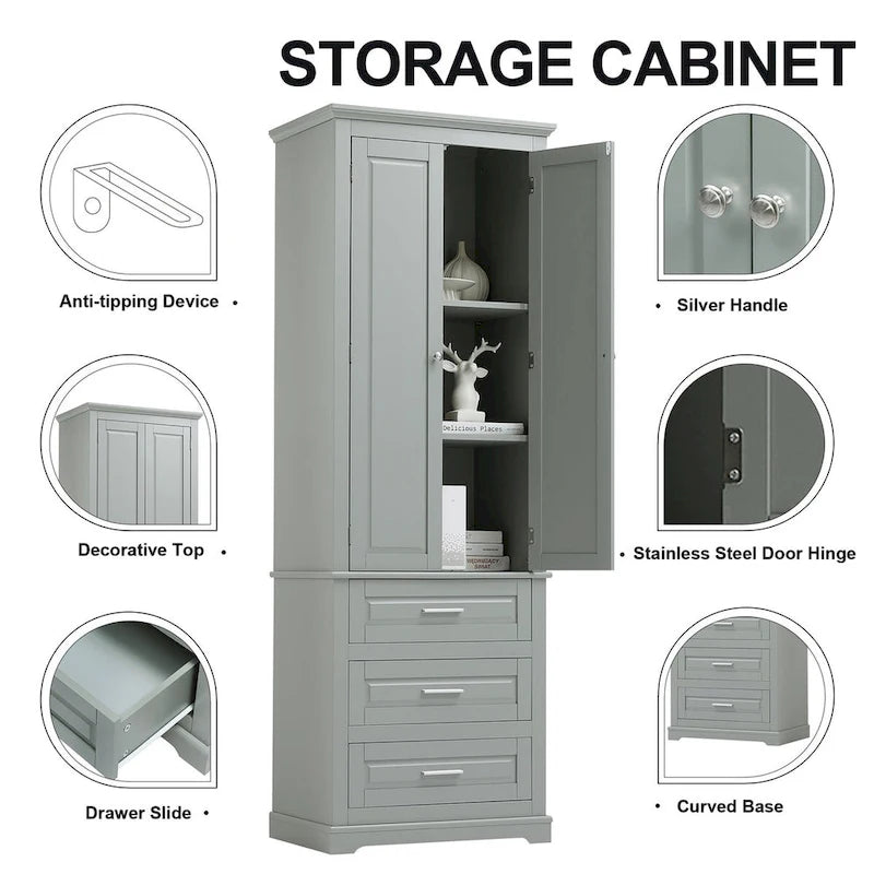 Armoire de rangement de 70 cm de haut avec portes et trois tiroirs pour salle de bain/bureau