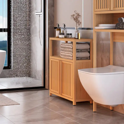 Meuble de salle de bain en bois de 81 cm de haut, à 2 portes, de couleur neutre, avec étagère intérieure