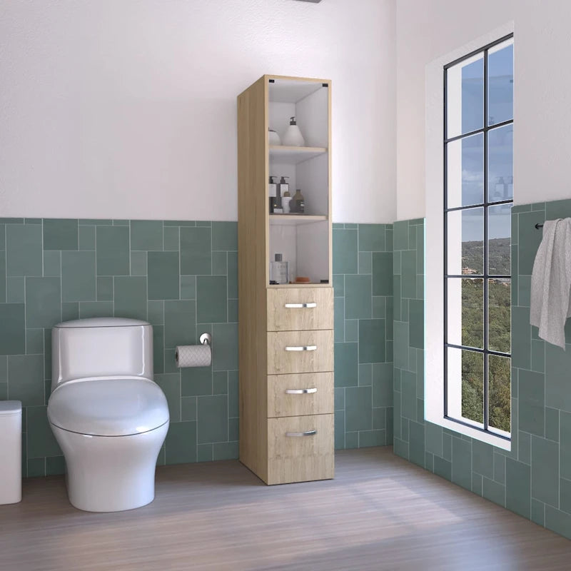 Armoire à linge moderne pour salle de bain, trois étagères, quatre tiroirs - Pin clair/Blanc