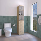 Armoire à linge moderne pour salle de bain, trois étagères, quatre tiroirs - Pin clair/Blanc
