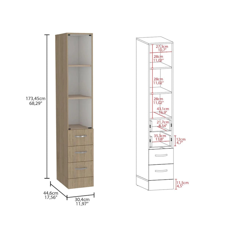 Armoire à linge moderne pour salle de bain, trois étagères, quatre tiroirs - Pin clair/Blanc