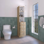 Armoire à linge moderne pour salle de bain, trois étagères, quatre tiroirs - Pin clair/Blanc