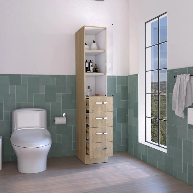 Armoire à linge moderne pour salle de bain, trois étagères, quatre tiroirs - Pin clair/Blanc