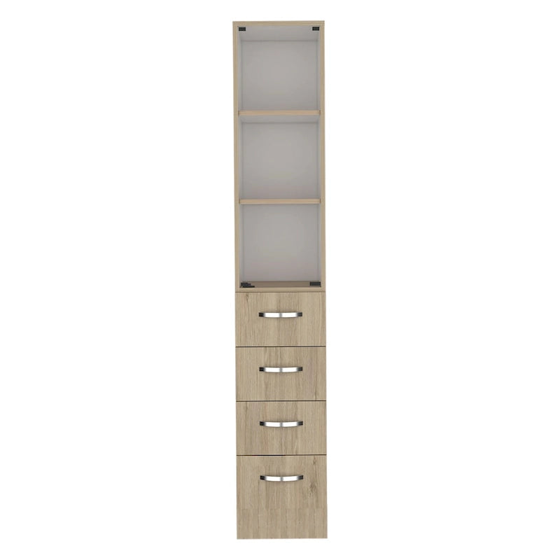 Armoire à linge moderne pour salle de bain, trois étagères, quatre tiroirs - Pin clair/Blanc