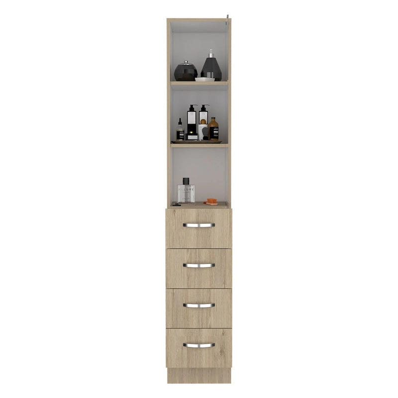 Armoire à linge moderne pour salle de bain, trois étagères, quatre tiroirs - Pin clair/Blanc
