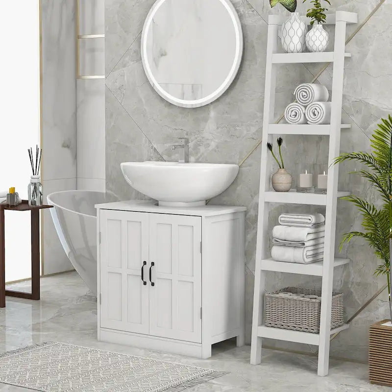 Meuble sous-vasque de salle de bain, meuble sous-vasque sur pied avec étagère réglable, blanc