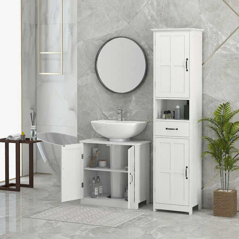 Meuble sous-vasque de salle de bain, meuble sous-vasque sur pied avec étagère réglable, blanc