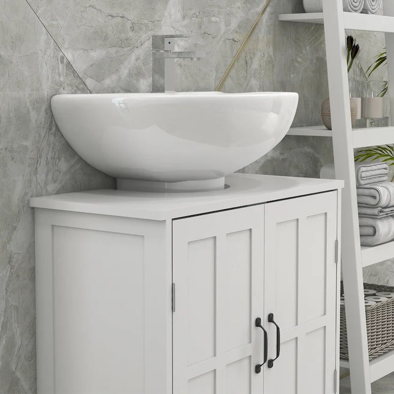 Meuble sous-vasque de salle de bain, meuble sous-vasque sur pied avec étagère réglable, blanc