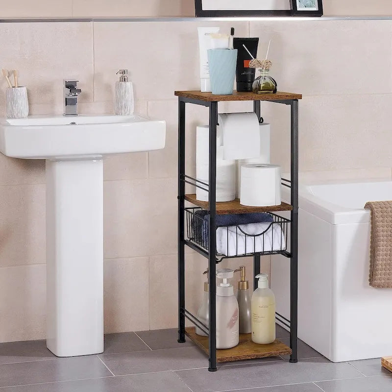 Étagère de rangement pour serviettes de salle de bain à 3 niveaux avec porte-serviettes.