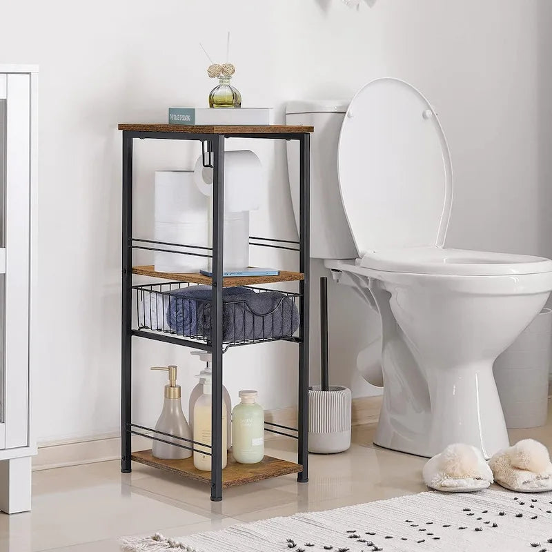 Étagère de rangement pour serviettes de salle de bain à 3 niveaux avec porte-serviettes.