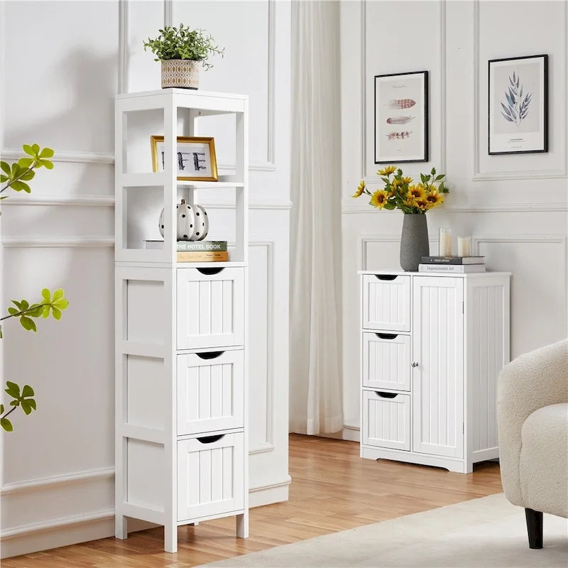 Meuble de rangement de salle de bain moderne Yaheetech avec 3 tiroirs et 2 étagères ouvertes, blanc - Non disponible